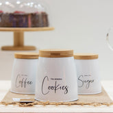 Kit 3 Latas Coffee Sugar e Cookies Sunshine Yoi Potes para Biscoitos Açúcar e Café em Aço e Bambu Brancos